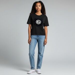 Georgio Armani Women's Black T-Shirt with Velvet Oversized Logo Size 46 (XL/10)‎